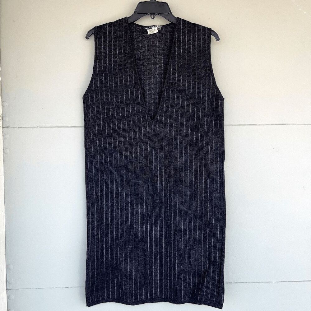 Vtg Harolds Italian Virgin Wool Pinstripe Knit Midi Dress V-Neck